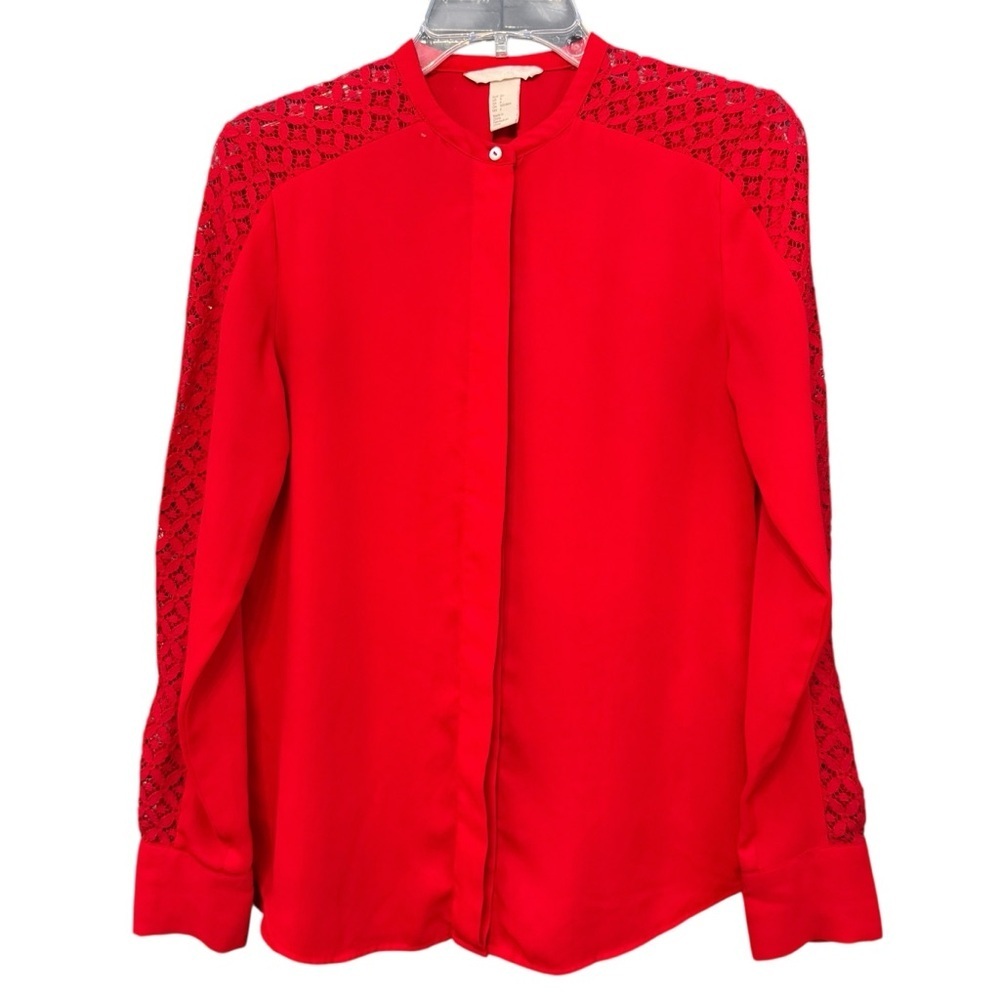 H&M Red Lace Sleeve Blouse W/ Pearl Buttons